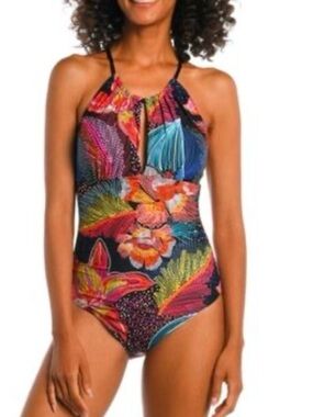 La Blanca Black One-Piece Swimsuit with Pink, Yellow & Blue Floral Print